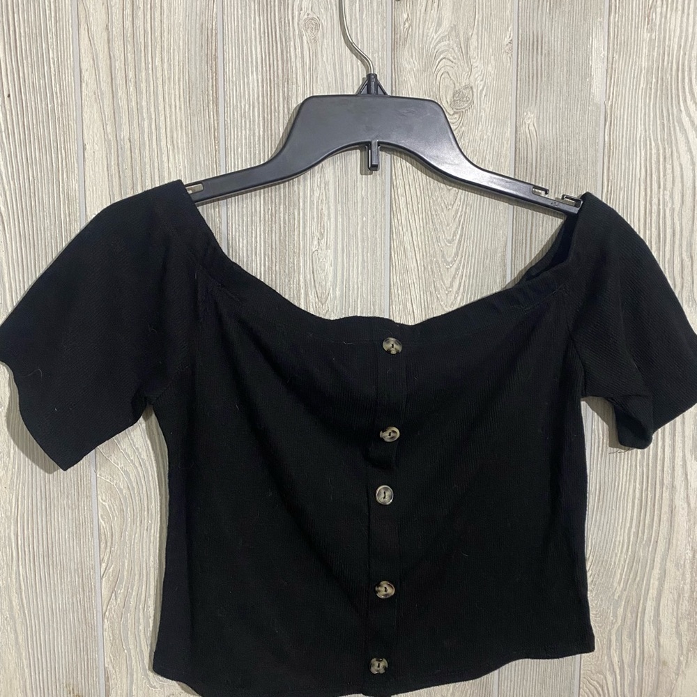 Black Off-Shoulder Button-Up Women's Top